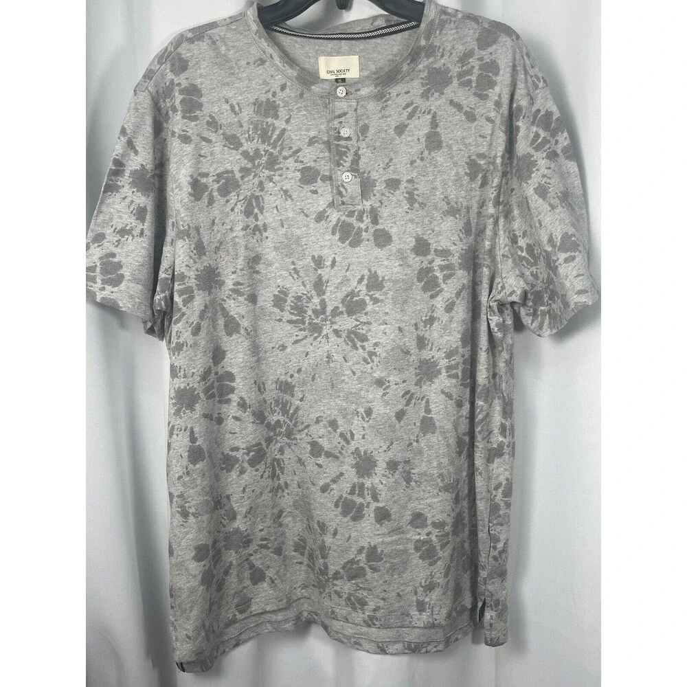 Civil Society Tie Dye Gray Print Short Sleeve Henley Cotton T-Shirt Sz XL New